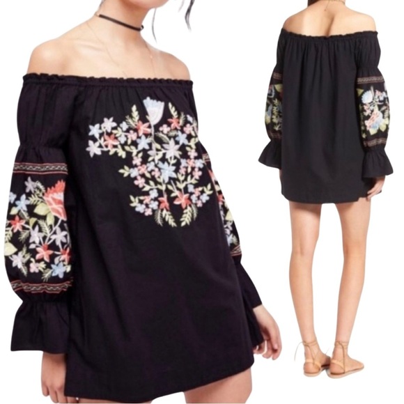 Free People Black Embroidered Off Shoulder Boho Mini Dress Tunic M - Picture 2 of 8
